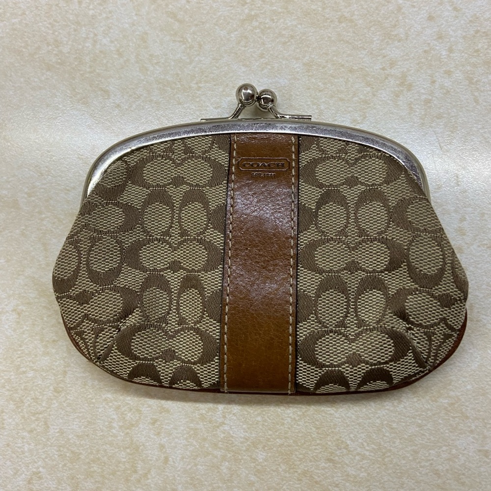 EUC COACH Khaki/Brown 5” x 4” Signature Coin Purse w/Leather Trim